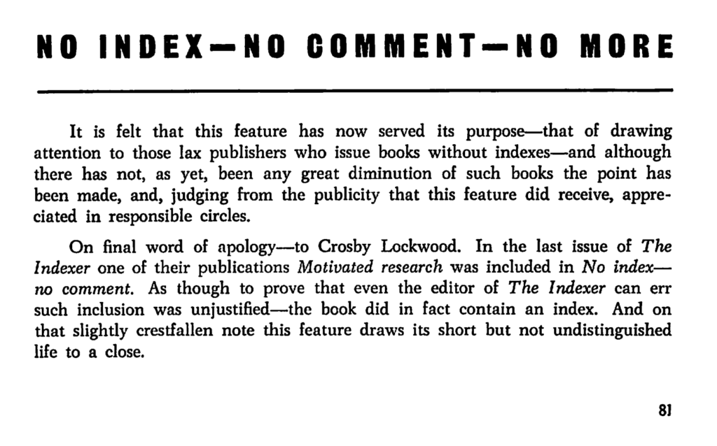 Screenshot of the announcement in The Indexer announcing the end of the column titled "No index—no comment"