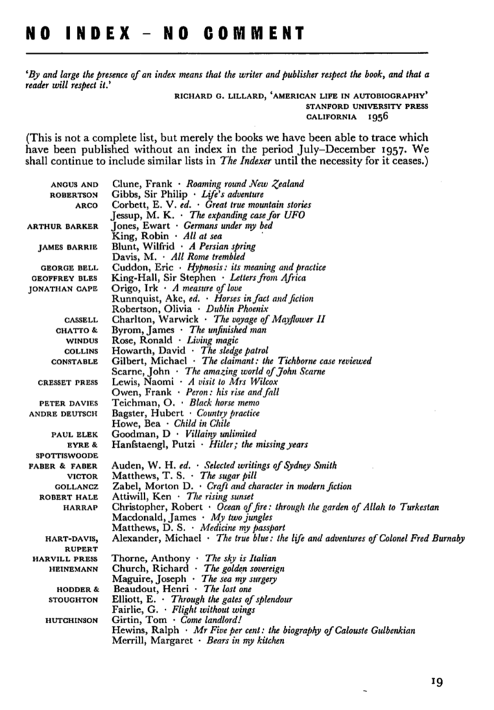 Screenshot of "No index—no comment," a short-lived feature in The Indexer, a professional publication from the Society of Indexers. This screenshot is of the first page of the first run of the column, in the inaugural issue of the journal in 1958.